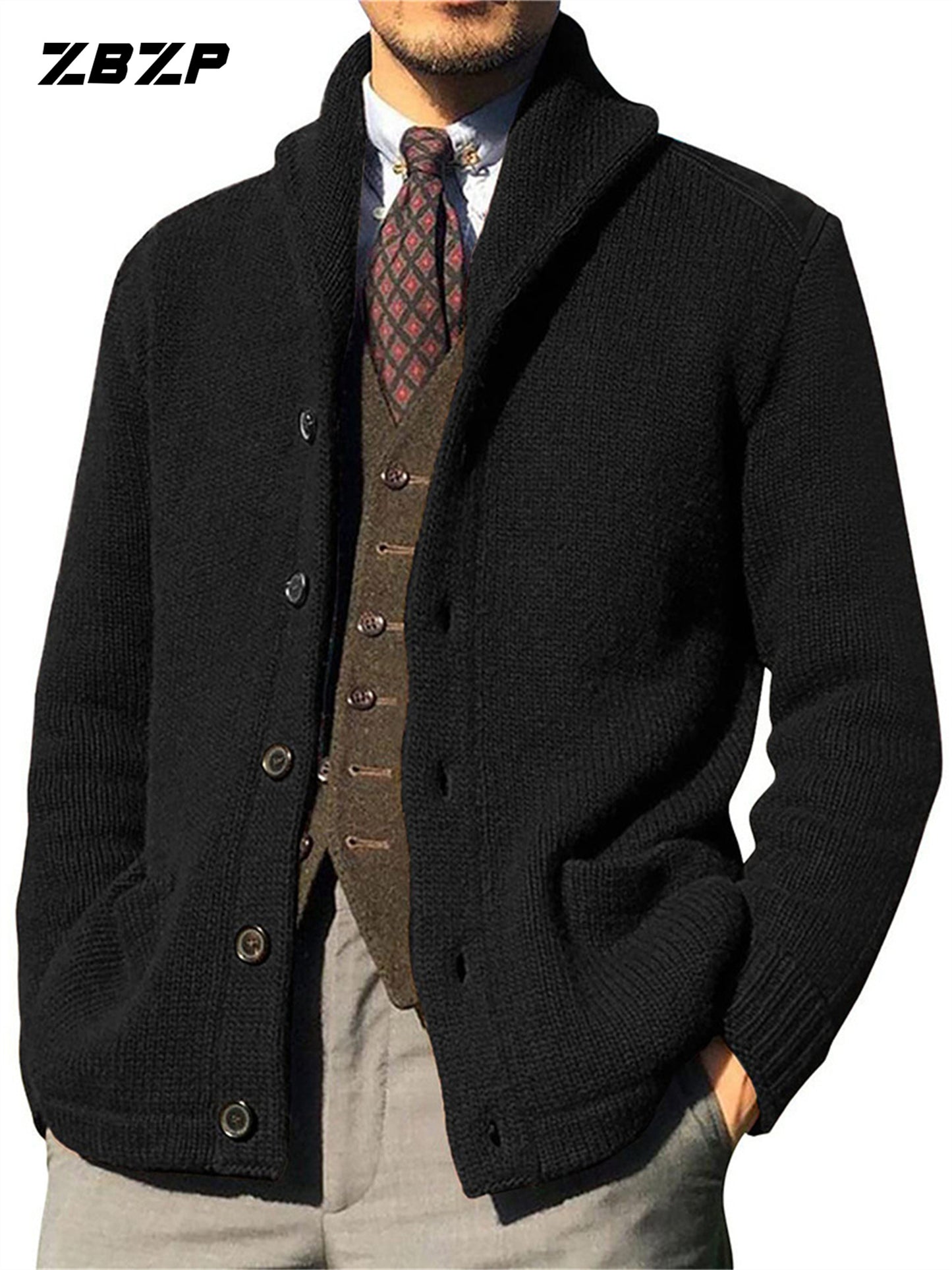 Maglione Uomo ZBZP Marrone con Bottoni - Cappotto in Maglia Pesante con Collo Alto, Modello A339 per Occasioni Formali e Casual Invernali, Comodo da Indossare Ogni Giorno, Taglio Classico Largo e Tessuto Resistente