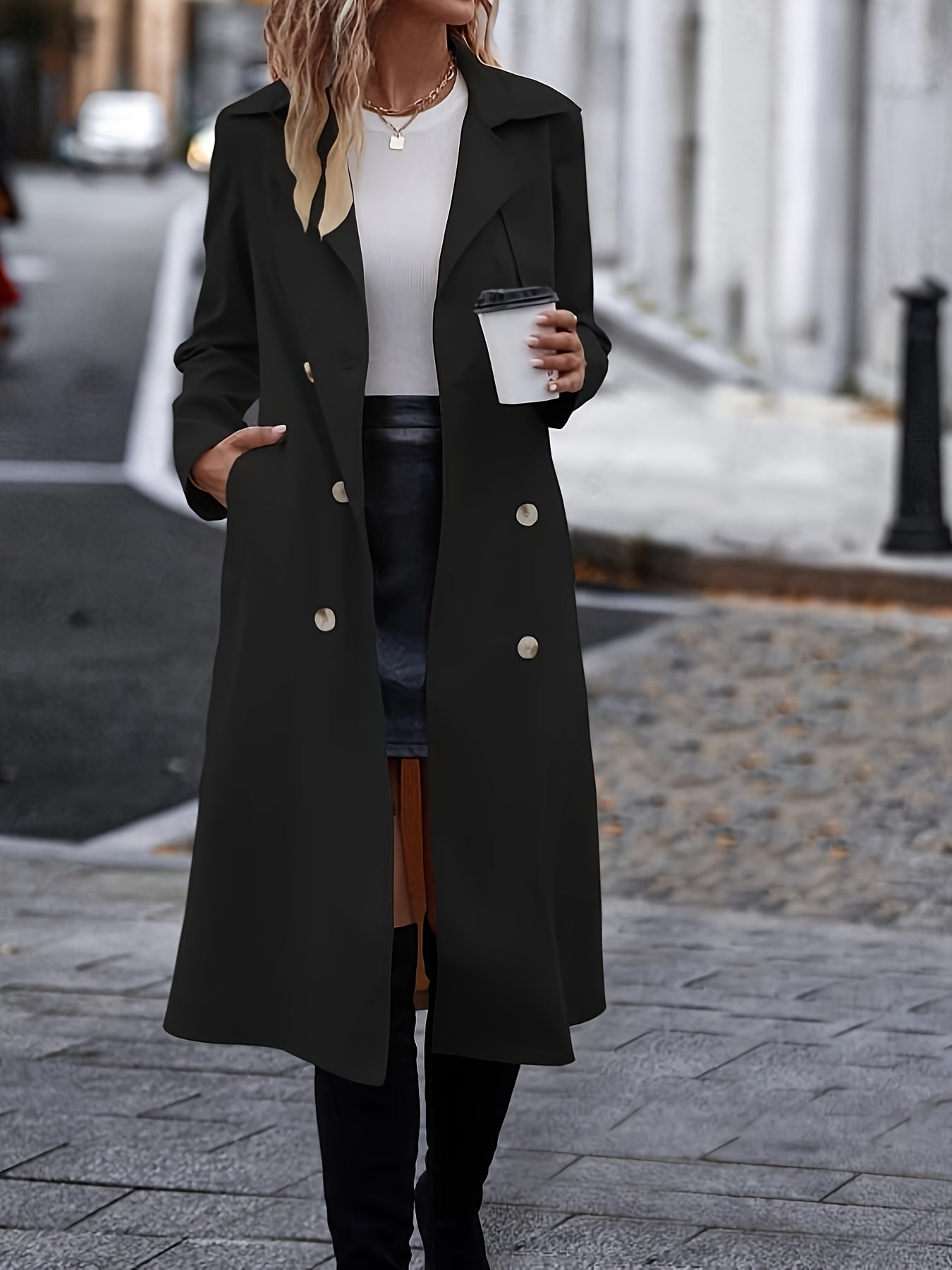 Double Button Long Sleeve Belted Trench Coat, Stylish Solid Color Lapel Collar Pocket Trench Coat For Fall, Women's Clothing