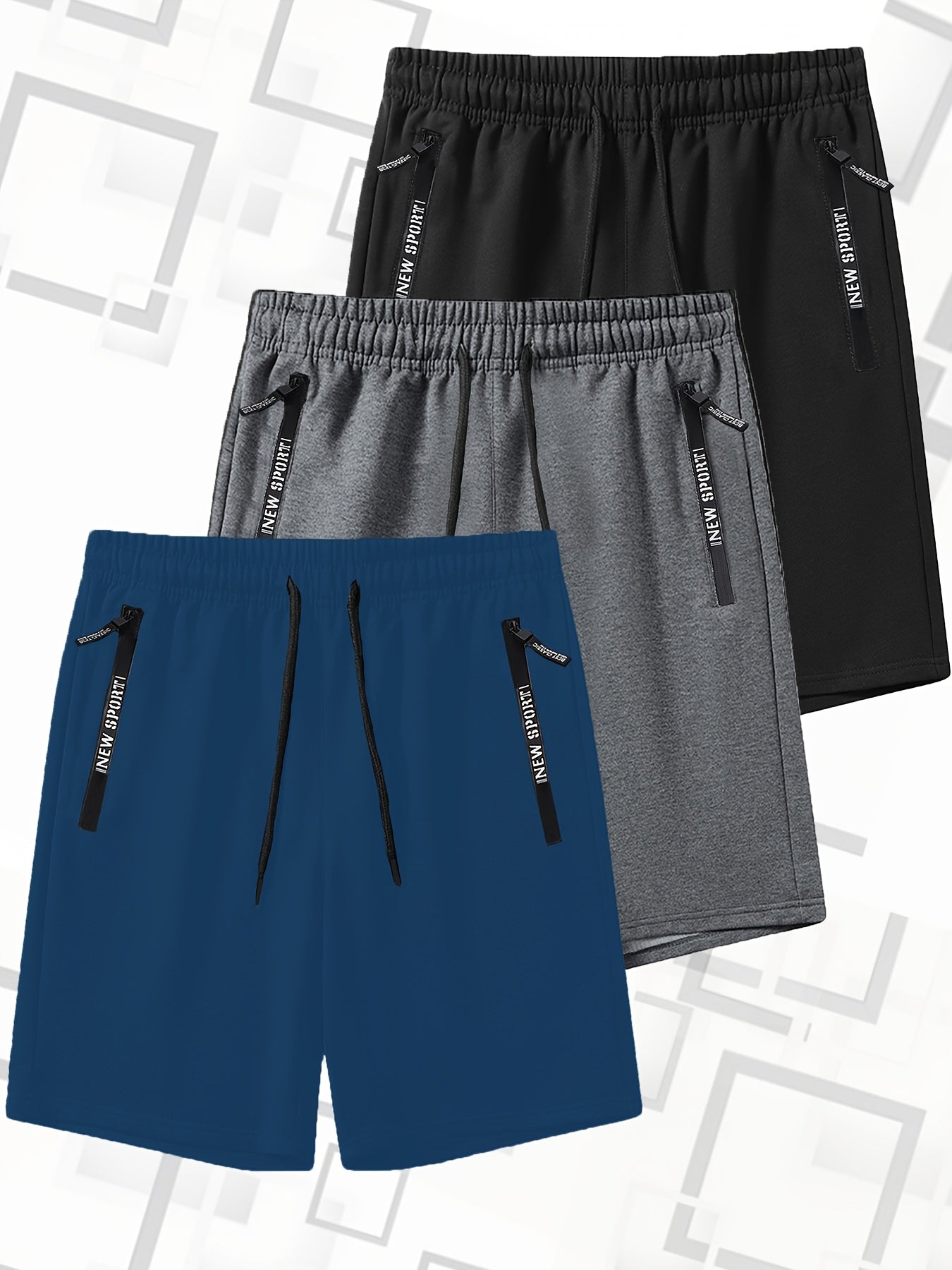 Set di 3 pantaloncini sportivi casual estivi da uomo con elastico in vita e coulisse, con tasche con cerniera, ideali per allenamenti, corsa, palestra e sport all'aria aperta.