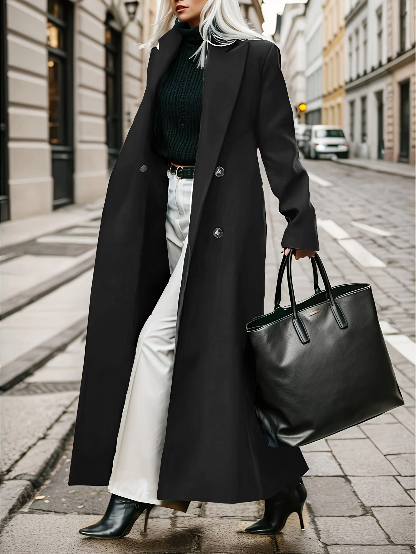Women's Elegant Green Coat - Long Formal & Professional Outerwear, Machine Washable Winter Trench with Structured H-Silhouette for Office, Parties, Everyday - Sophisticated Outerwear, Office Ready Apparel, Smooth Texture, Durable Fabric, Office Wear, High