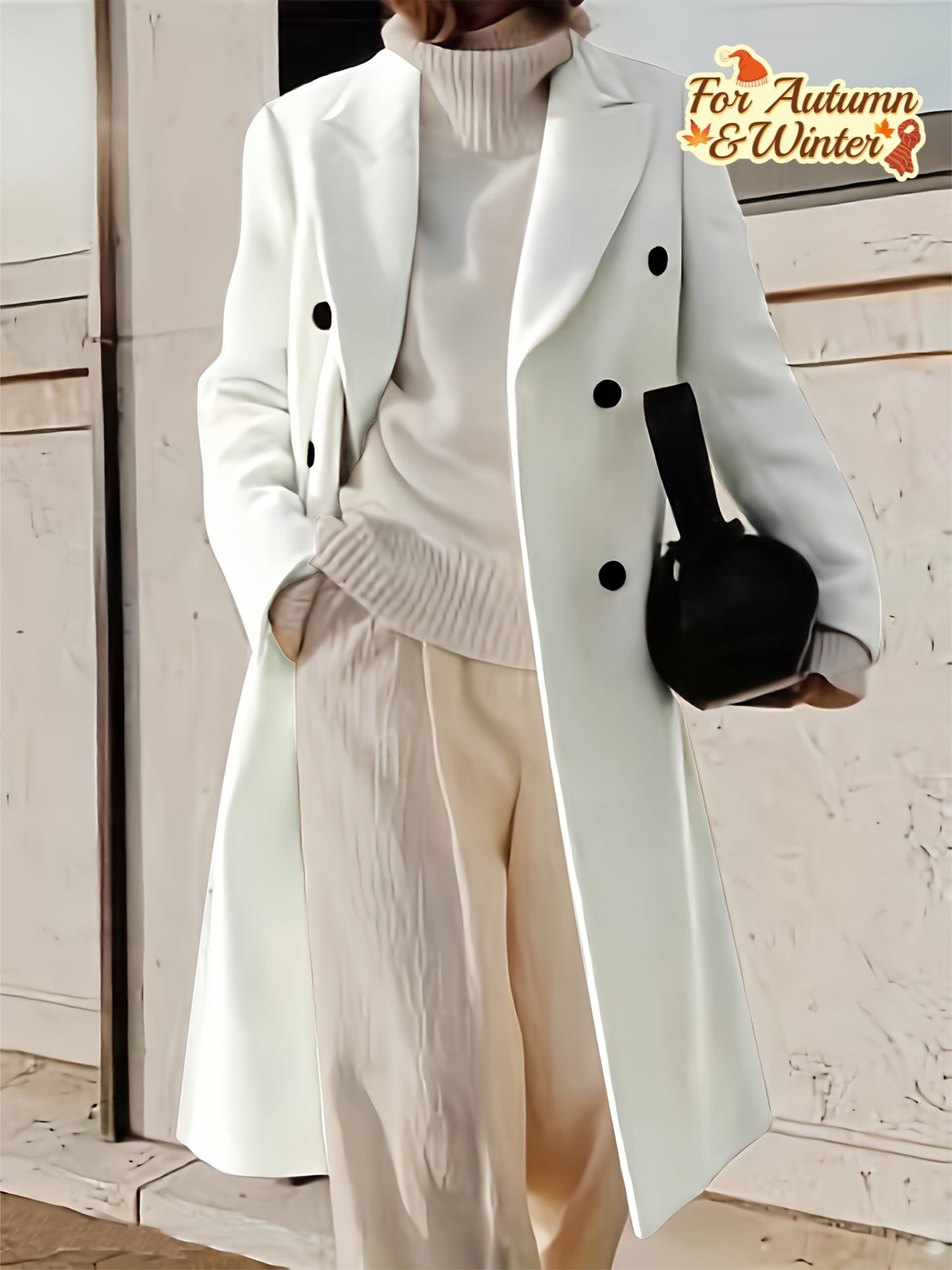 Double Breasted Lapel Overcoat, Elegant Long Sleeve Outwear For Fall & Winter, Women's Clothing