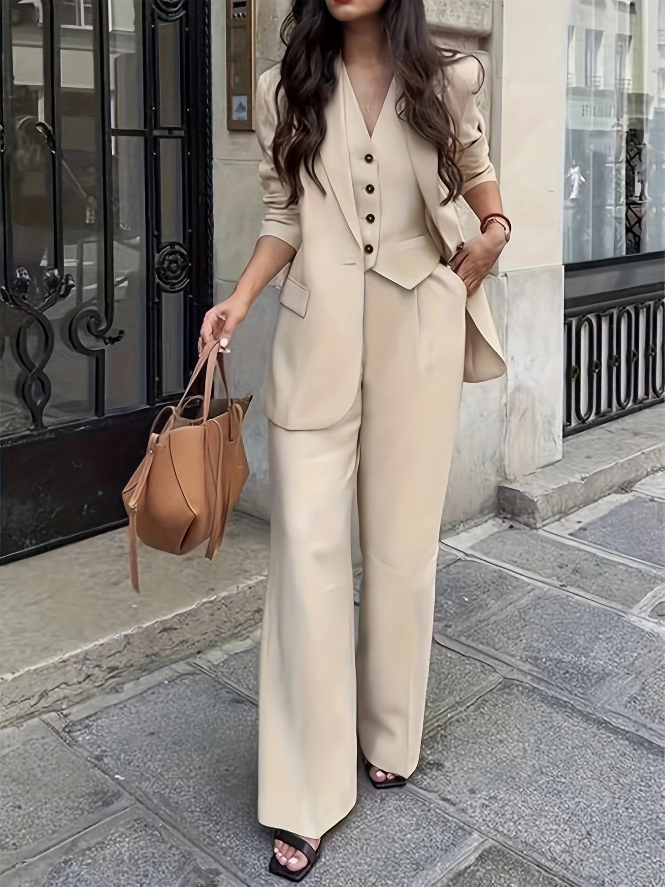 New Women's Beige Three-Piece Suit, Mature and, Stylish Business Attire