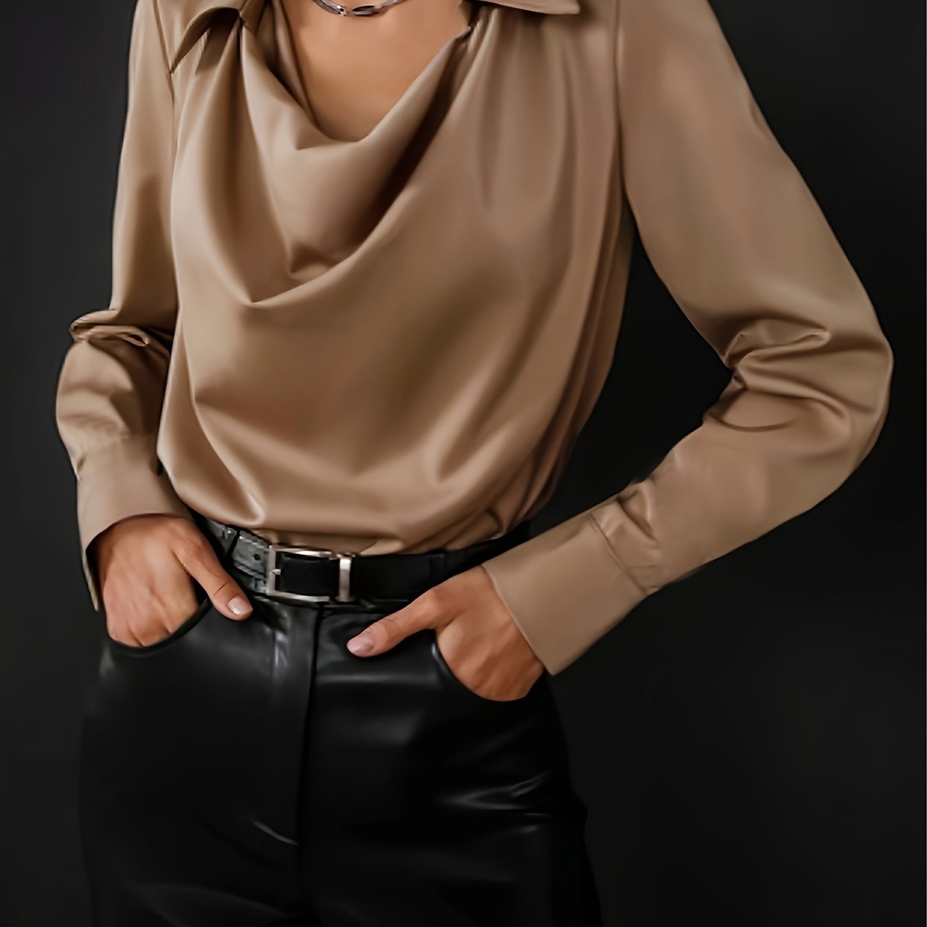 Women'S Elegant Satin Blouse with Pleated V-Neck & Long Sleeves - Chic Black Shirt for All Seasons, Versatile Fashion Top for Casual or Formal Occasions, Formal Attire, Sophisticated Style, Smooth Texture