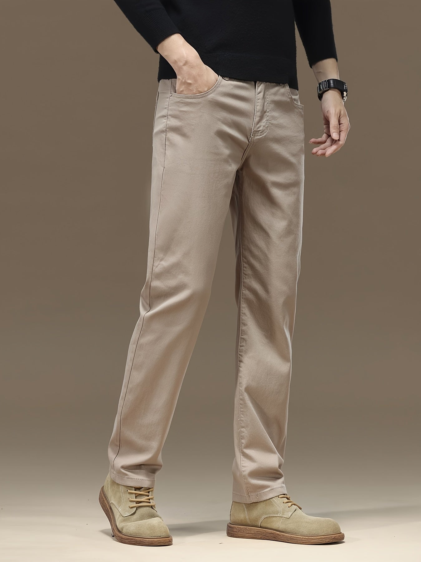 Pantaloni da uomo in tessuto elastico a tinta unita - Comodi e resistenti pantaloni casual da lavoro con chiusura a bottone, vita media, vestibilità regolare, versatile per tutte le stagioni per abbigliamento casual, ufficio e eventi formali, abbigliament