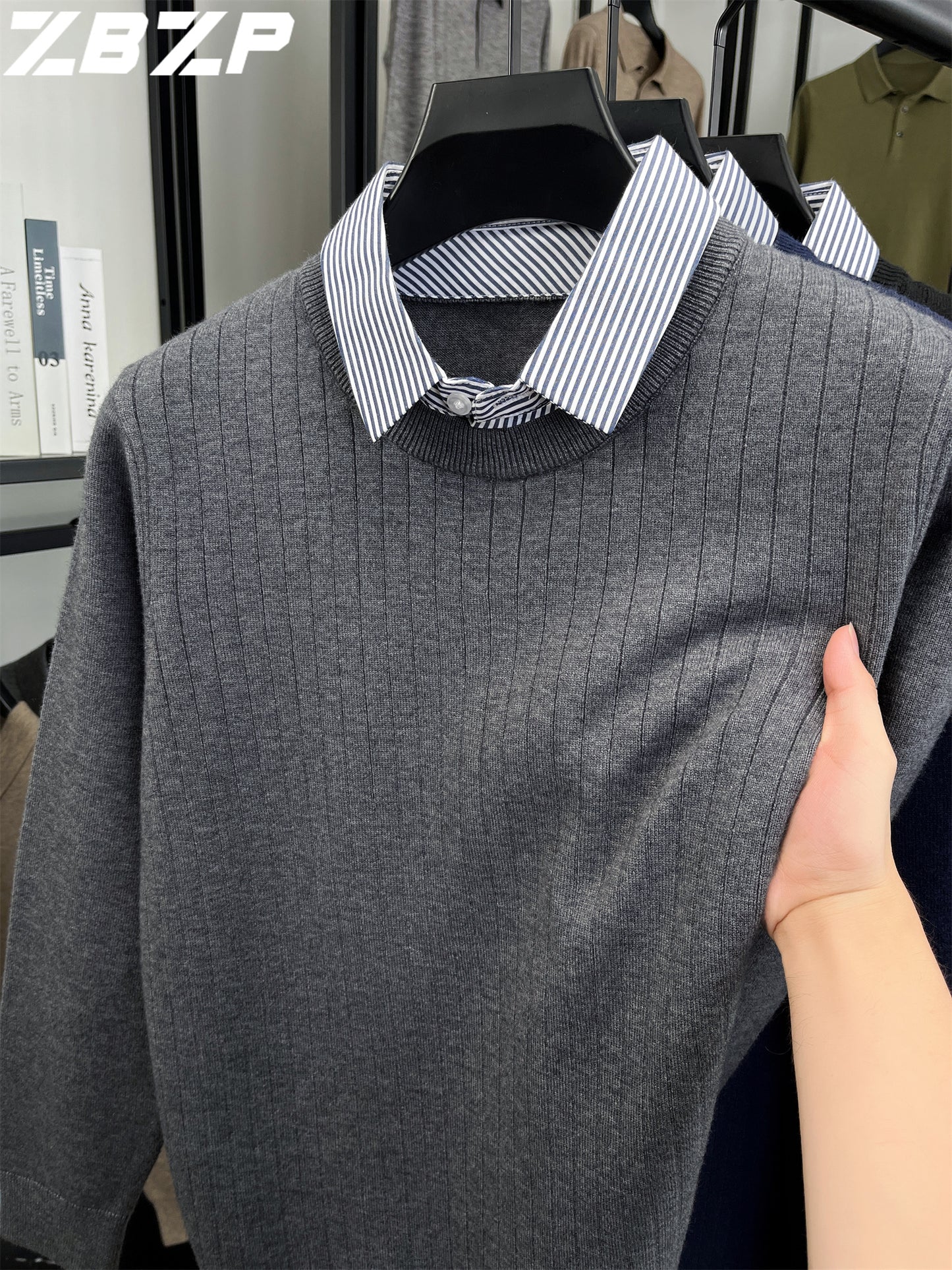 ZBZP Autunno e Inverno Maglione Spesso a Due Pezzi per Uomo con Colletto Camicia, Realizzato in 500 Grammi di Misto Velluto, Un Maglione a Maglia per Abbigliamento Maschile.