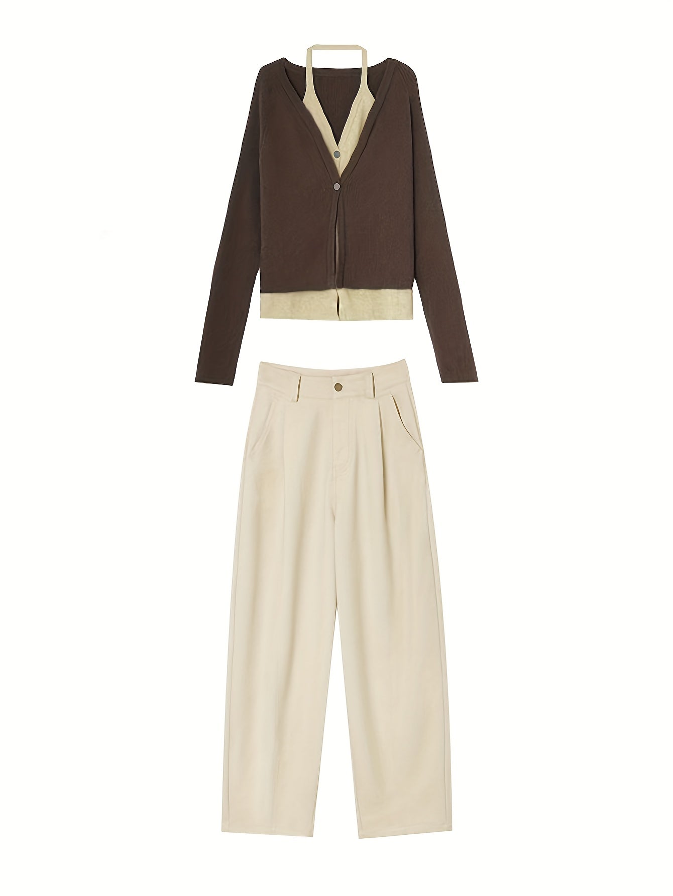 Set moda autunno per donna: jeans beige trendy e cardigan finto due pezzi, abbinamento a due capi di alta qualità/comodo traspirante/moderno (la parte superiore è taglia media), Abbigliamento da Festa per Donne, Abbigliamento da Viaggio per Donne, Donna,