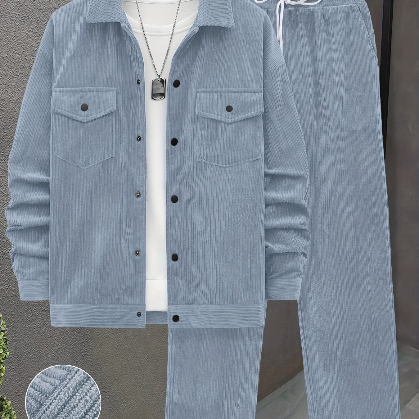 Set autunnale e invernale da uomo 2 pezzi con tessuto a coste intrecciate, tasche a doppia lavorazione, giacca a maniche lunghe e pantaloni larghi con coulisse, abito maturo per uscite casuali/ufficio/appuntamenti, 100% poliestere, lavabile a mano e in la