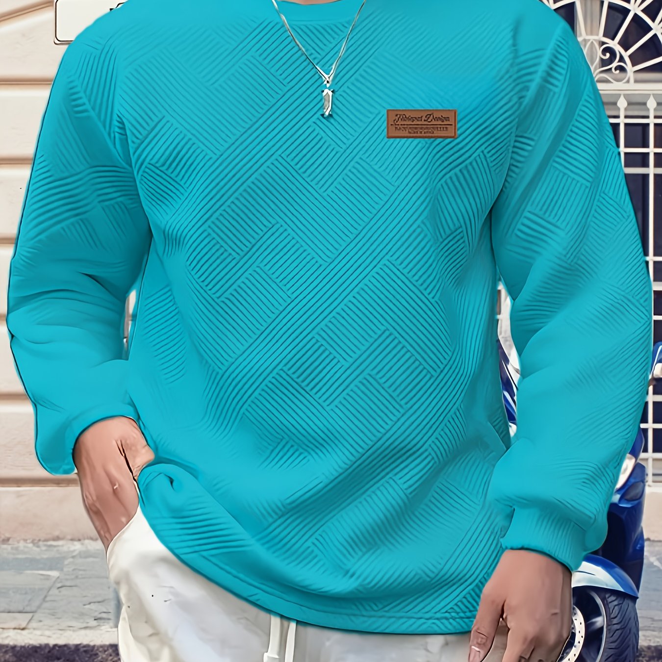 Maglione Uomo a Manica Lunga con Motivo Geometrico - Design Blu Vibrante e Nero, Taglio Regolare per Primavera/Autunno, Tessuto Comodo, Stile Casual, Cuciture di Qualità, Top Modaiolo, Abbigliamento Autunnale, Ideale per Giovani Adulti