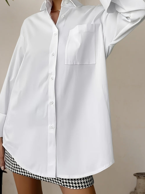 Stile Senza Sforzo, Camicia Bianca Elegante da Donna con Tasca - Manica Lunga, Colletto con Bottoni, Poliestere Non Elasticizzato - Lavabile in Lavatrice