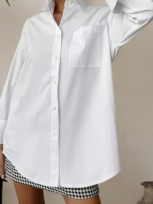 Stile Senza Sforzo, Camicia Bianca Elegante da Donna con Tasca - Manica Lunga, Colletto con Bottoni, Poliestere Non Elasticizzato - Lavabile in Lavatrice