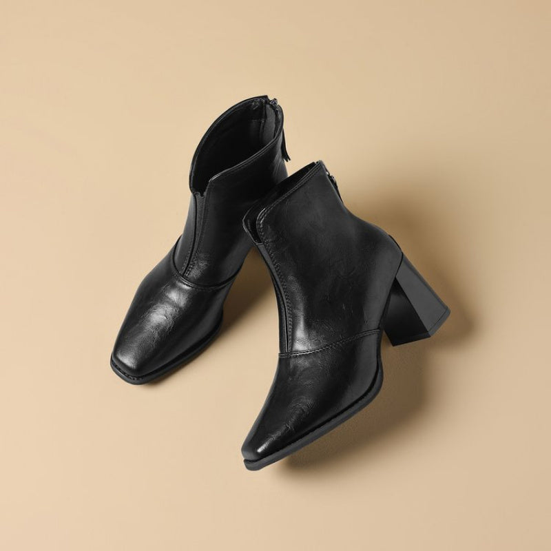 Stivali alla caviglia da donna con tacco grosso autentico - Marroni, punta rotonda, chiusura con zip, stivali comodi con tacco medio per outfit casual e formali, calzature versatili autunno inverno, calzature formali, design elegante dello stivale, suola