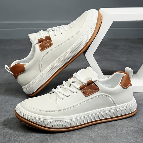 Scarpe da ginnastica casual in vera pelle da uomo, stile sportivo preppy, tinta unita, per tutte le stagioni, con lacci, punta tonda, suola in gomma, soletta sintetica, per escursioni, attività all'aperto, abbigliamento quotidiano e casual.