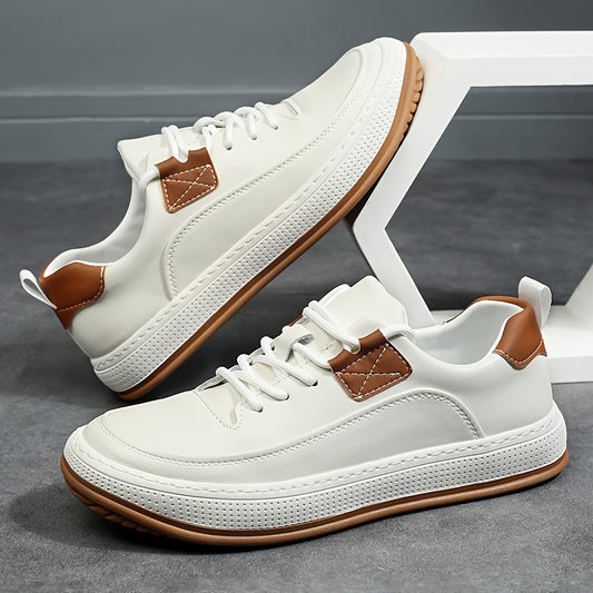 Scarpe da ginnastica casual in vera pelle da uomo, stile sportivo preppy, tinta unita, per tutte le stagioni, con lacci, punta tonda, suola in gomma, soletta sintetica, per escursioni, attività all'aperto, abbigliamento quotidiano e casual.