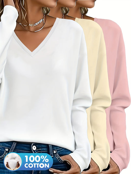 Set di 3 T-shirt da donna con scollo a V e maniche lunghe 100% - Morbide, resistenti e comode, ideali per tutte le stagioni, perfette per vacanze, lauree e stile quotidiano, abbigliamento comodo per tutti i giorni | Stile minimalista | Maglietta in tessut