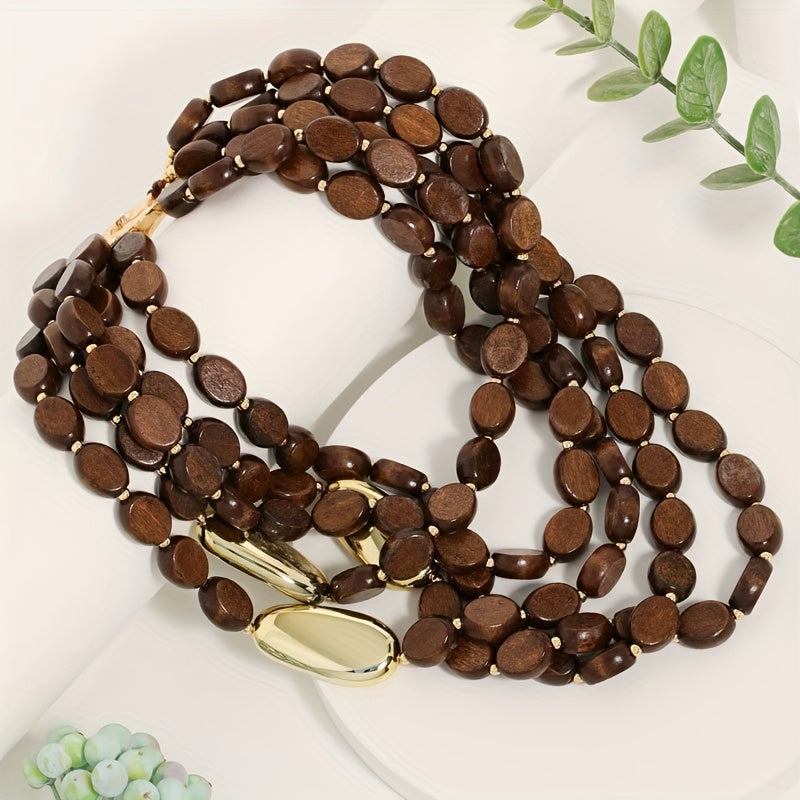1pz Collana Bohemien Vintage Fatta a Mano con Perline Multistrato - Perle Marroni e Accenti Dorati, Gioiello Stratificato per Donne, Accessorio Quotidiano e da Festa, Regalo Chic Culturale, Stile Etnico, Testura Naturale, Perle in Legno Riciclato