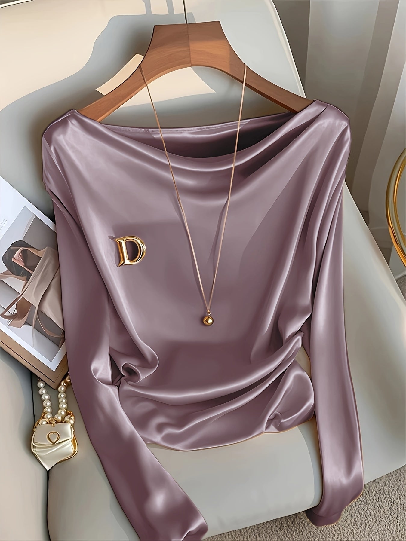 Maglietta elegante a maniche lunghe da donna - Colore solido, vestibilità slim, scollo a giro, poliestere, perfetta per feste, appuntamenti e lavoro, top elegante per tutti i giorni|Top a maniche lunghe e sottili|Tessuto in poliestere