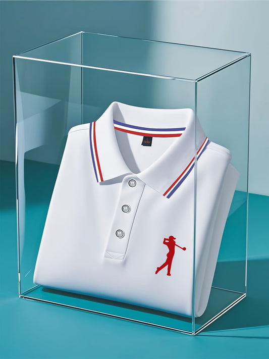 Maglietta da Uomo a Maniche Corte Bianca con Stampa Rosso per Golf, Colletto e Polsini a Righe, Tessuto Traspirante per Estate e Abbigliamento Casual, Lavabile in Lavatrice, Vestibilità Regolare