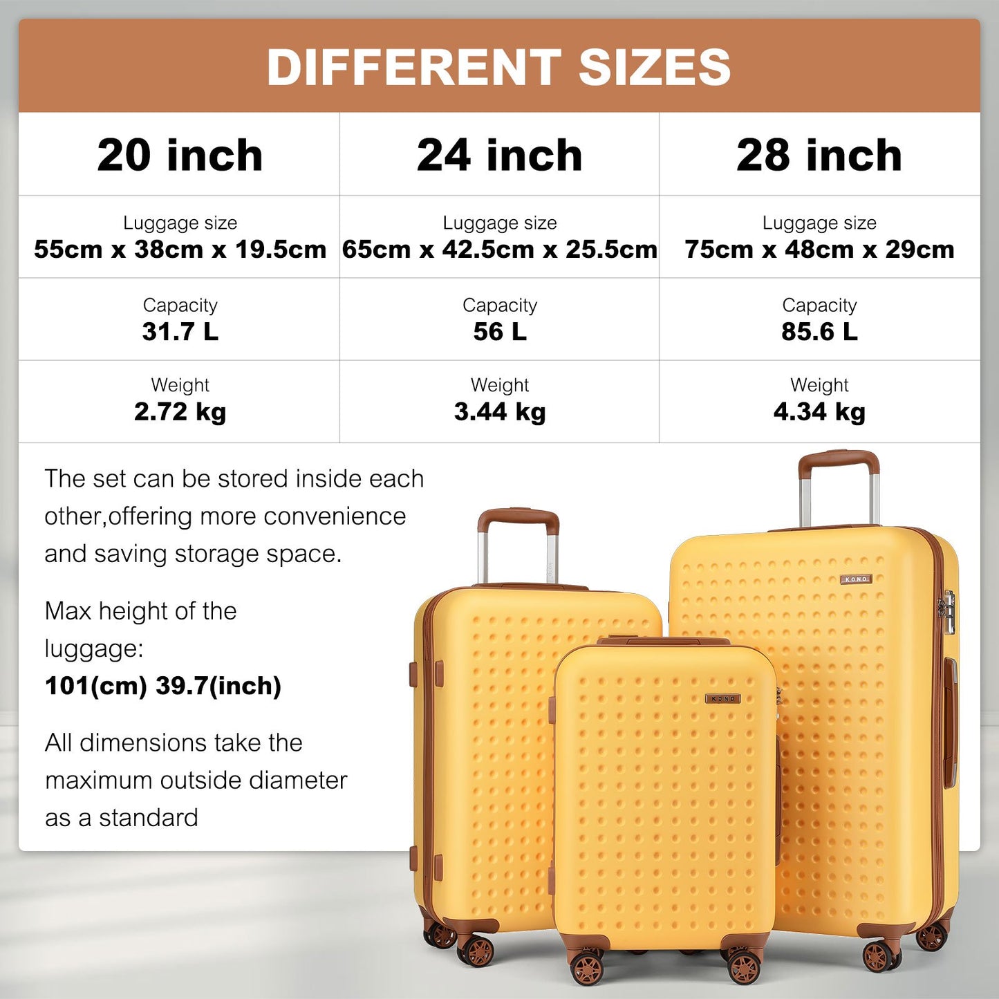 Set di 4 Valigie da 14/20/24/28 pollici Kono Elegante in ABS+PC a Pois con Guscio Rigido e Serratura TSA, Set di 4 Pezzi con Valigetta da Toilette, Bagagli da Viaggio Durevoli con Serratura TSA e Ruote Silenziose