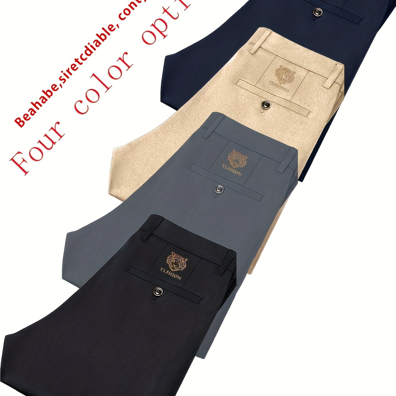 4pcs Pantaloni Eleganti Casual da Uomo a Gamba Dritta - Tessuto Elasticizzato Poliestere/Elastan, Tasche con Stampa Animalier, Comfort per Tutte le Stagioni, Solo Lavaggio a Mano (Beige/Navy/Grigio Carbone/Rosso)