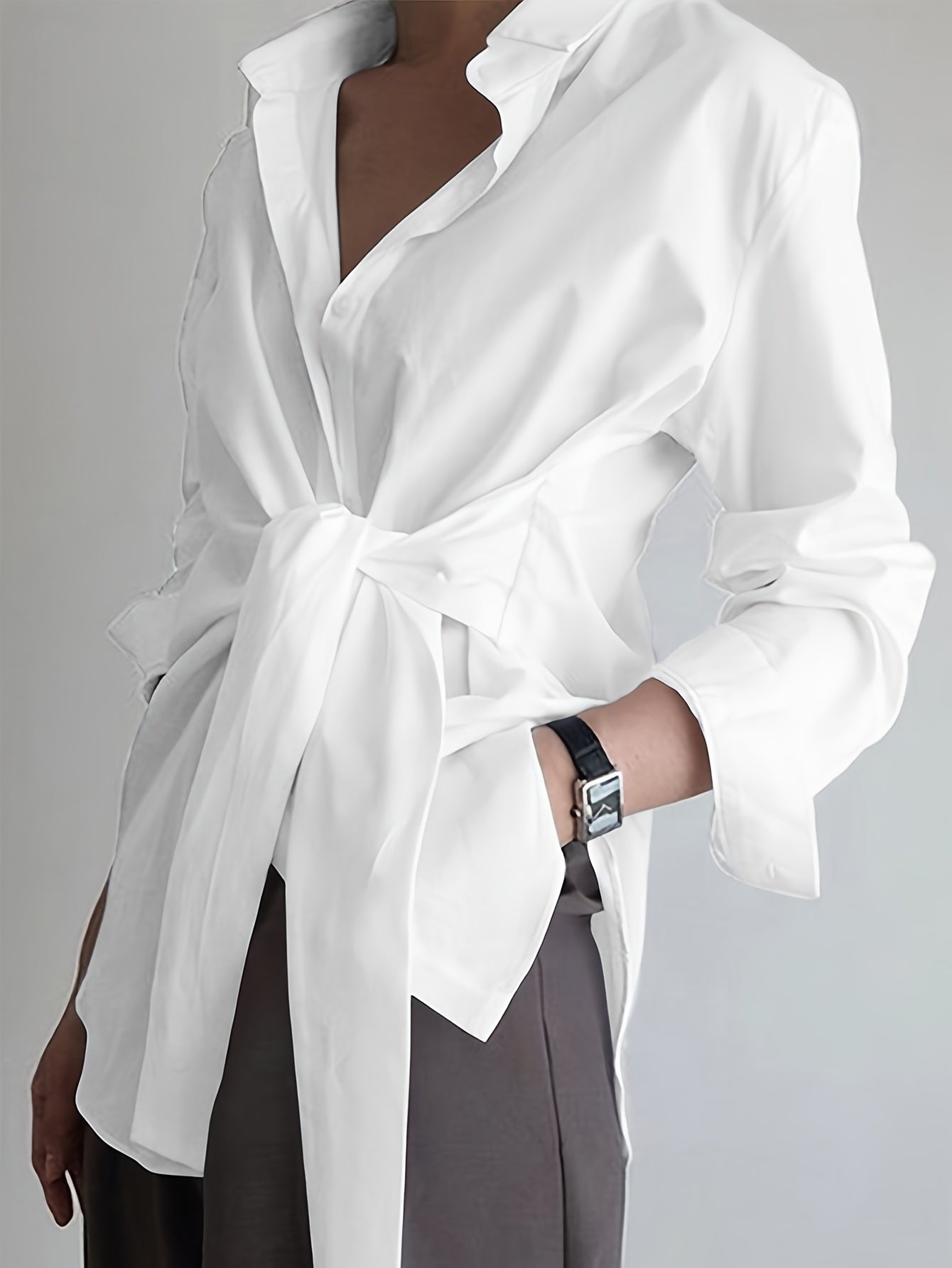 Women'S Casual Solid Color Long Sleeve Shirt, 100% Polyester, Lapel Collar, Button Front, All Season Woven Fabric, 117 gsm - Versatile Adult Shirting