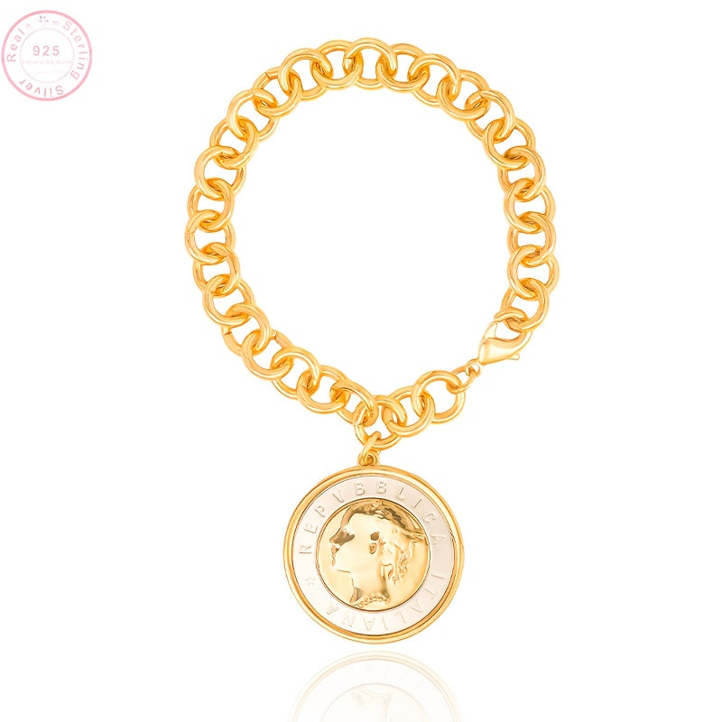 Un bracciale in argento sterling per donna, con bracciale a catena con moneta lira in alfabeto goffrato, bracciale a catena, bracciale con ciondolo, un regalo per la nipote, regalo di San Valentino, regalo di compleanno, abbinamento gioielli matrimonio, c
