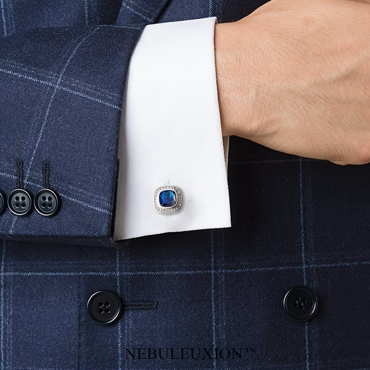 Set di 2 Gemelli NÉBULEUXION Premium Argento con Gemma Blu & Halo di Cristallo - Gemelli Francés Glamour per Matrimoni, Banchetti, Cerimonie, Affari | Regalo Ideale