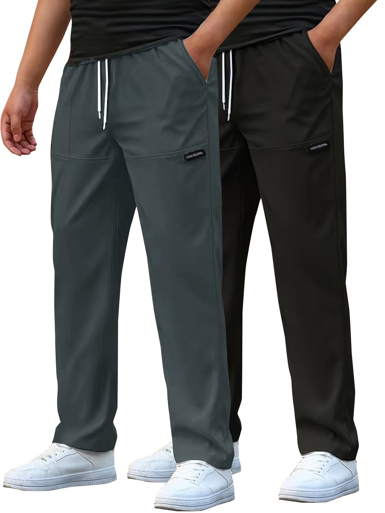 Pantaloni da lavoro casual da uomo a gamba dritta - Poliestere leggero, vita con coulisse, stile primavera/estate, opzioni bianco e blu navy, abbigliamento da lavoro casual | Pantaloni a gamba dritta | Tessuto in poliestere