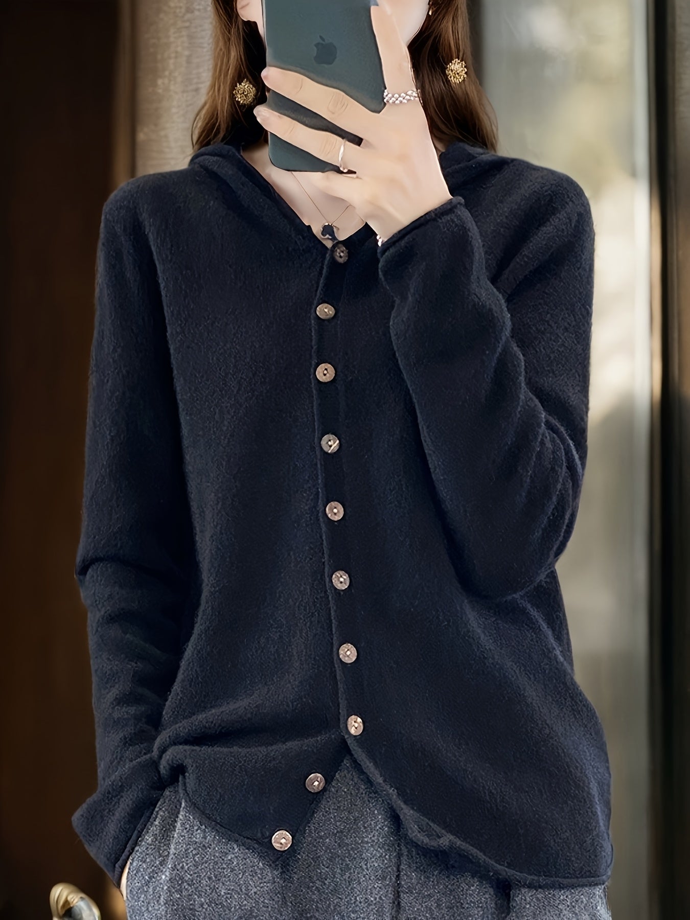Maglione con cappuccio casual da donna in 100% lana, cardigan lavorato a maglia in lana merino tinta unita, manica lunga, vestibilità regolare, design aperto sul davanti, scelta elegante e calda per l'autunno/inverno, ultra morbido