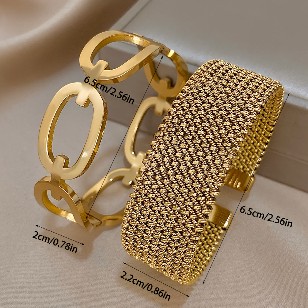 Set di 2 braccialetti eleganti in acciaio inossidabile 304 - Design di anello a vuoto chic, finitura dorata, regalo perfetto per la famiglia, gli amici e le persone care, ideale per abbigliamento casual o occasioni speciali, set di braccialetti|Braccialet