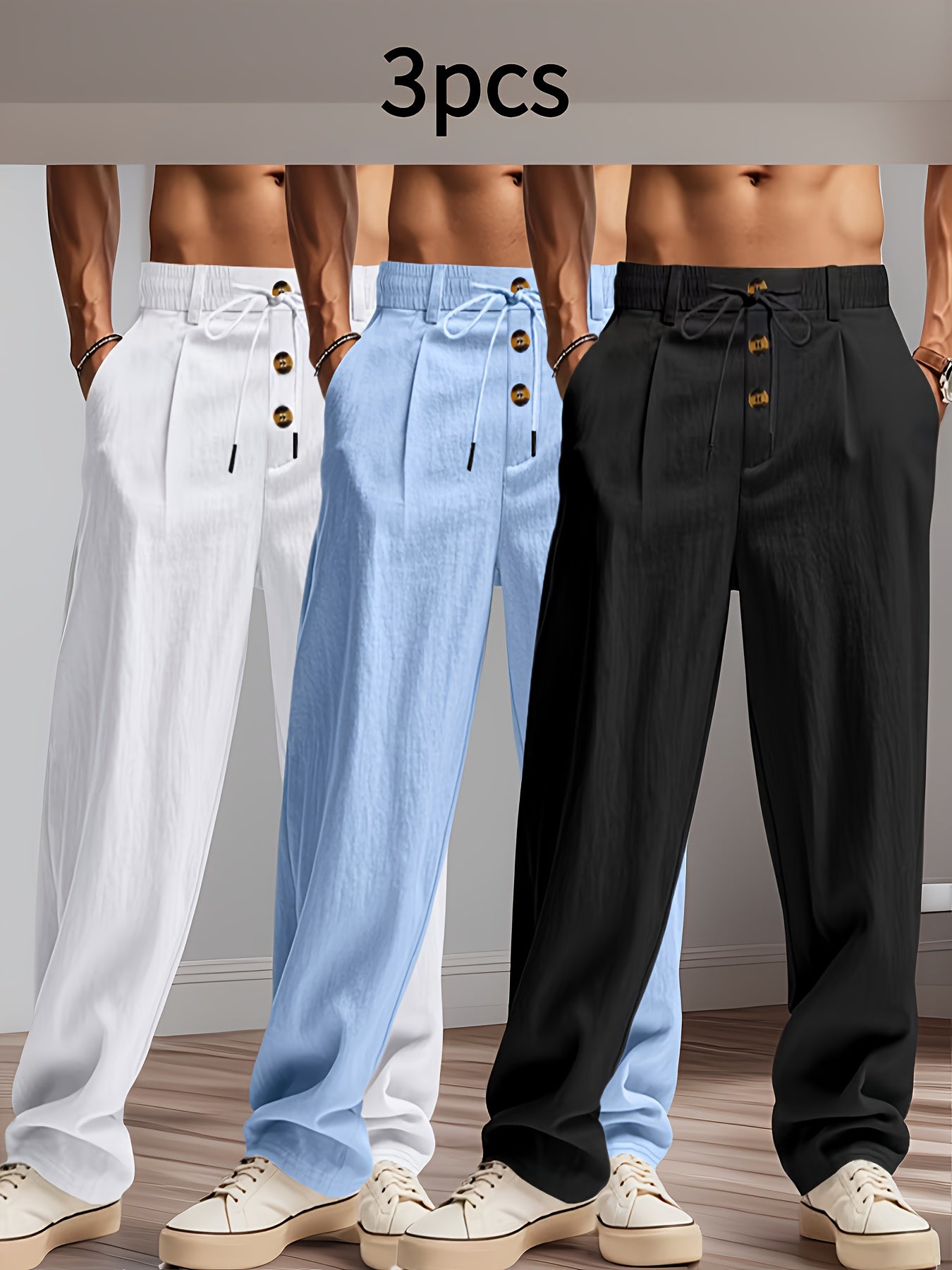 3pcs Pantaloni Casual in Lino Leggeri da Uomo - Vestibilità Rilassata Traspirante con Vita Elastica e Chiusura a Bottone, Tessuto Non Elasticizzato per Abbigliamento da Spiaggia Esterno, Comfort Tutte le Stagioni (Beige/Verde/Azzurro), Pantaloni da Spiagg