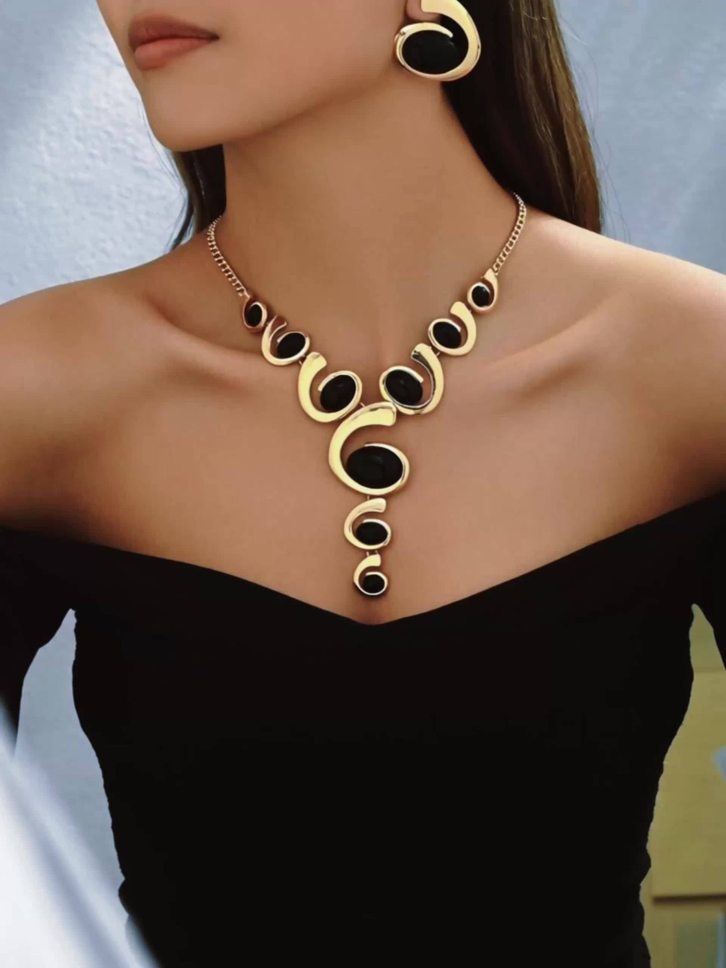 1 Set Boho Classic 2 pezzi Set di gioielli da donna, forma a spirale con intarsi di strass neri, collana a Y e orecchini, lega, versatile per l'uso quotidiano e per le feste