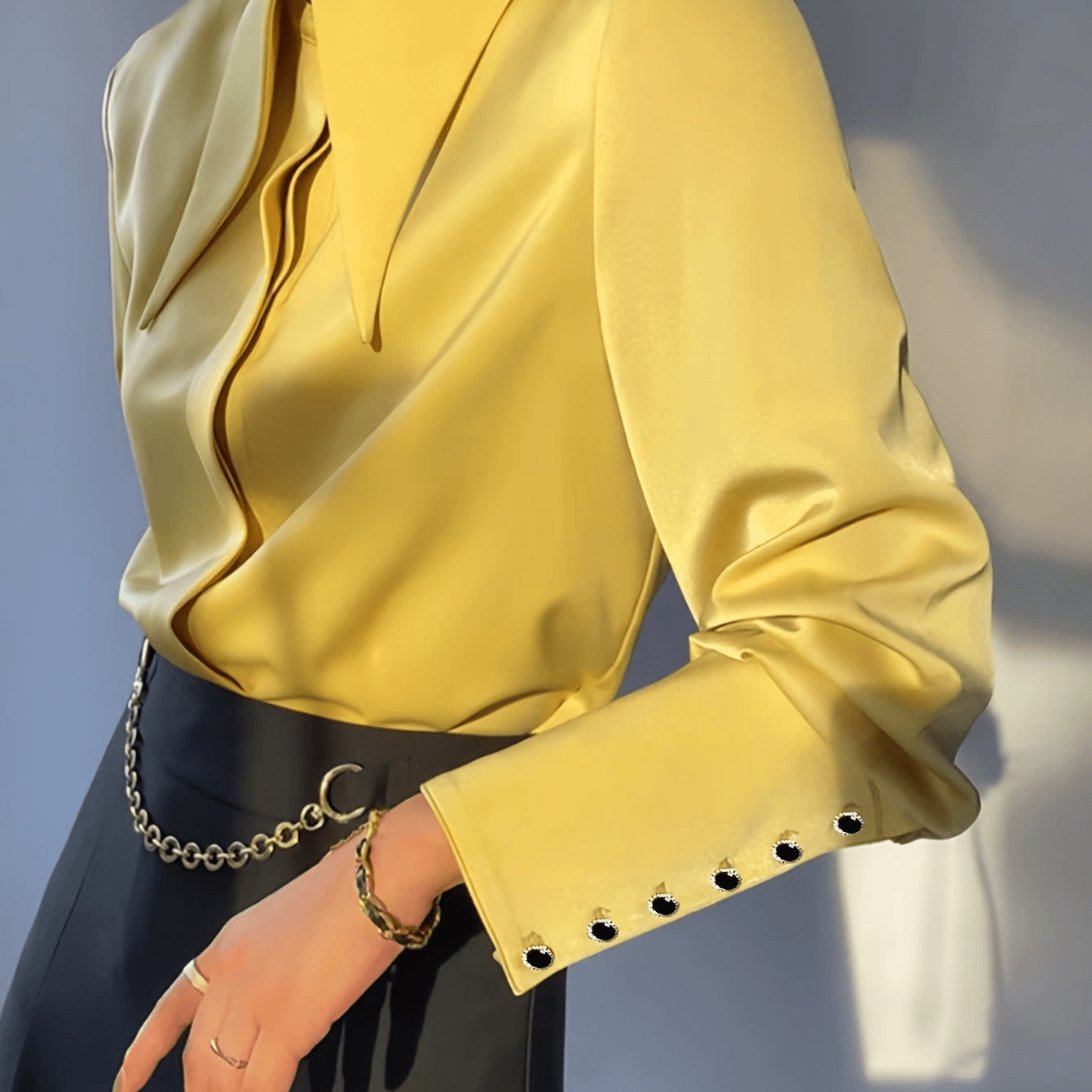 Maglia Casual Donna a Maniche Lunghe con Collo a Revers Tinta Unita