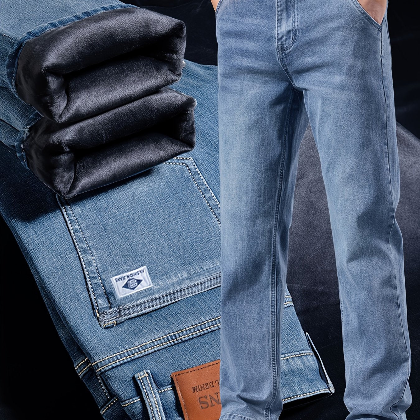 092+1# Nuova Arrivo Invernale Jeans Minimalisti Spessi Foderati in Pile Elasticizzati
