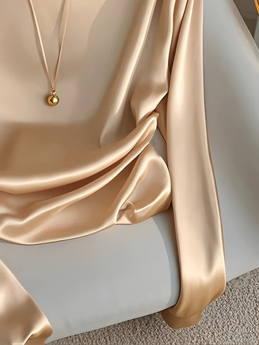 Maglietta elegante a maniche lunghe da donna - Colore solido, vestibilità slim, scollo a giro, poliestere, perfetta per feste, appuntamenti e lavoro, top elegante per tutti i giorni|Top a maniche lunghe e sottili|Tessuto in poliestere