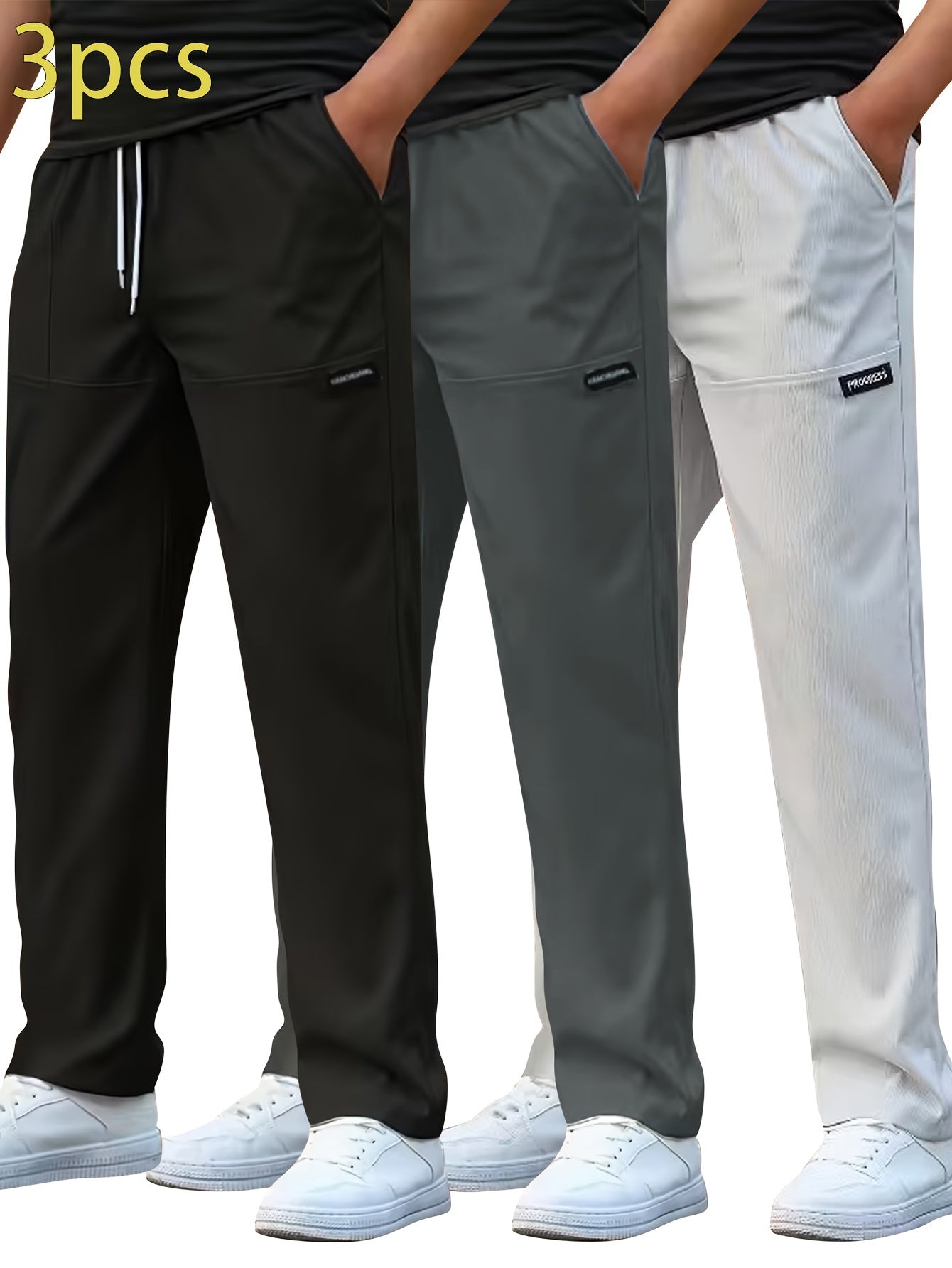 Set di 3 Pantaloni Casual da Uomo Leggeri - Gamba Dritta, Vita con Coulisse, Colore Unito (Nero, Grigio, Bianco), Abbigliamento da Lavoro Primavera/Estate, Lavabili in Lavatrice