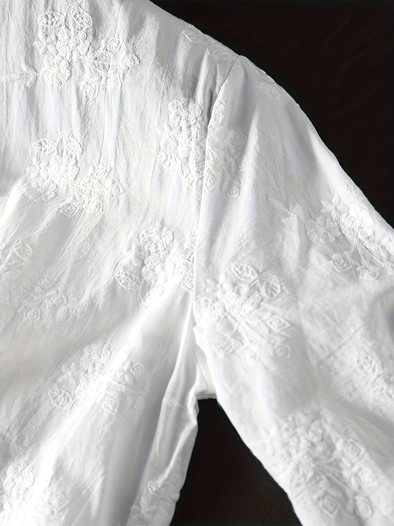 Women's Loose Embroidered Blouse with Floral Embroidery & Lace Trim - Stand-Up Collar Long Sleeve Button Front Shirt, Machine Washable All-Season Top for Casual & Office Wear