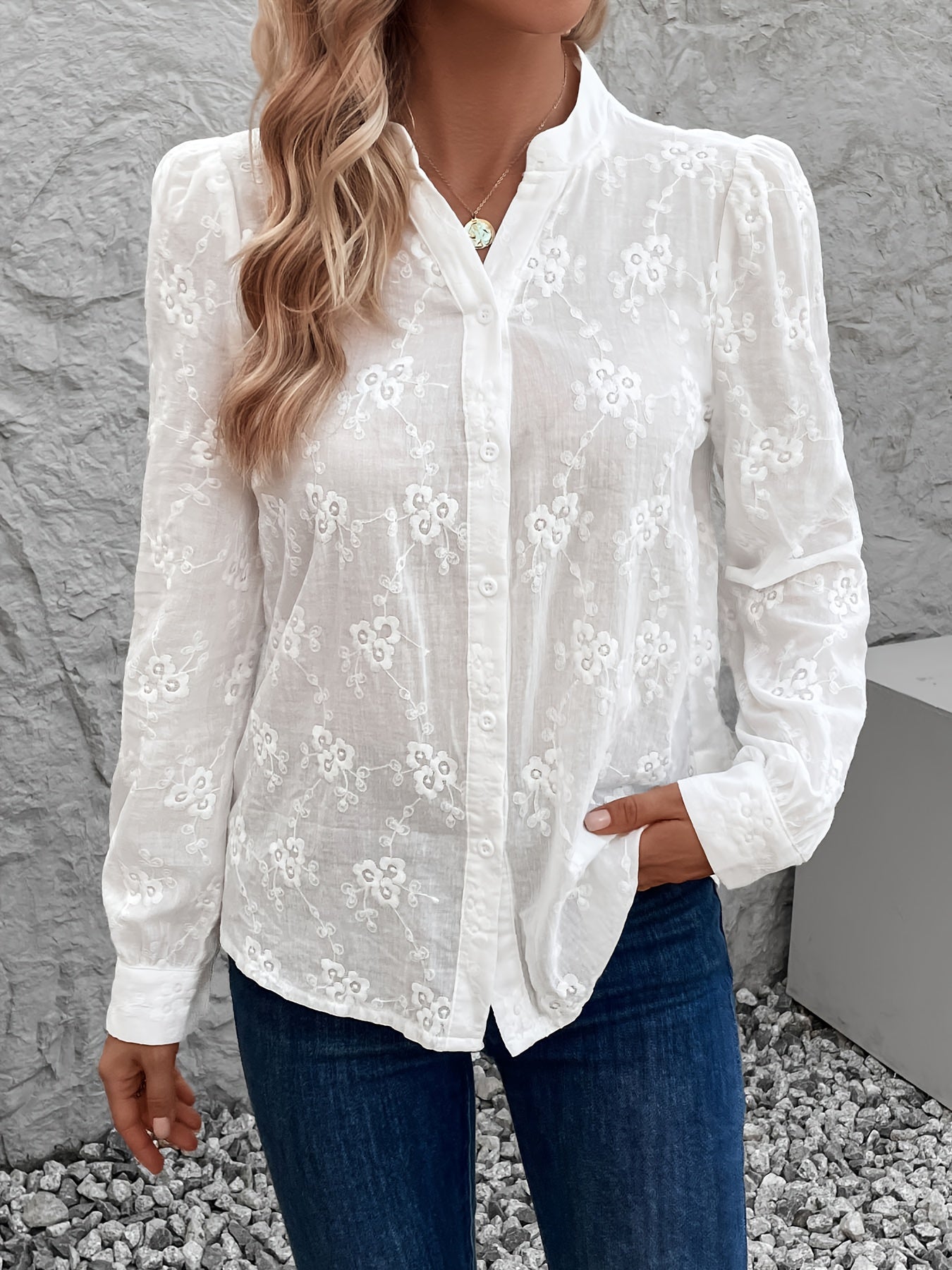 Women's Blouse - Elegant White Long Sleeve shirt with Button Front Placket, Structured Non-Stretch Blouse for Office, Formal Events, Casual Attire - Machine Washable Women's Clothing, Spring Fashion, Delicate Embroidery, Breathable Material, Stylish Top,
