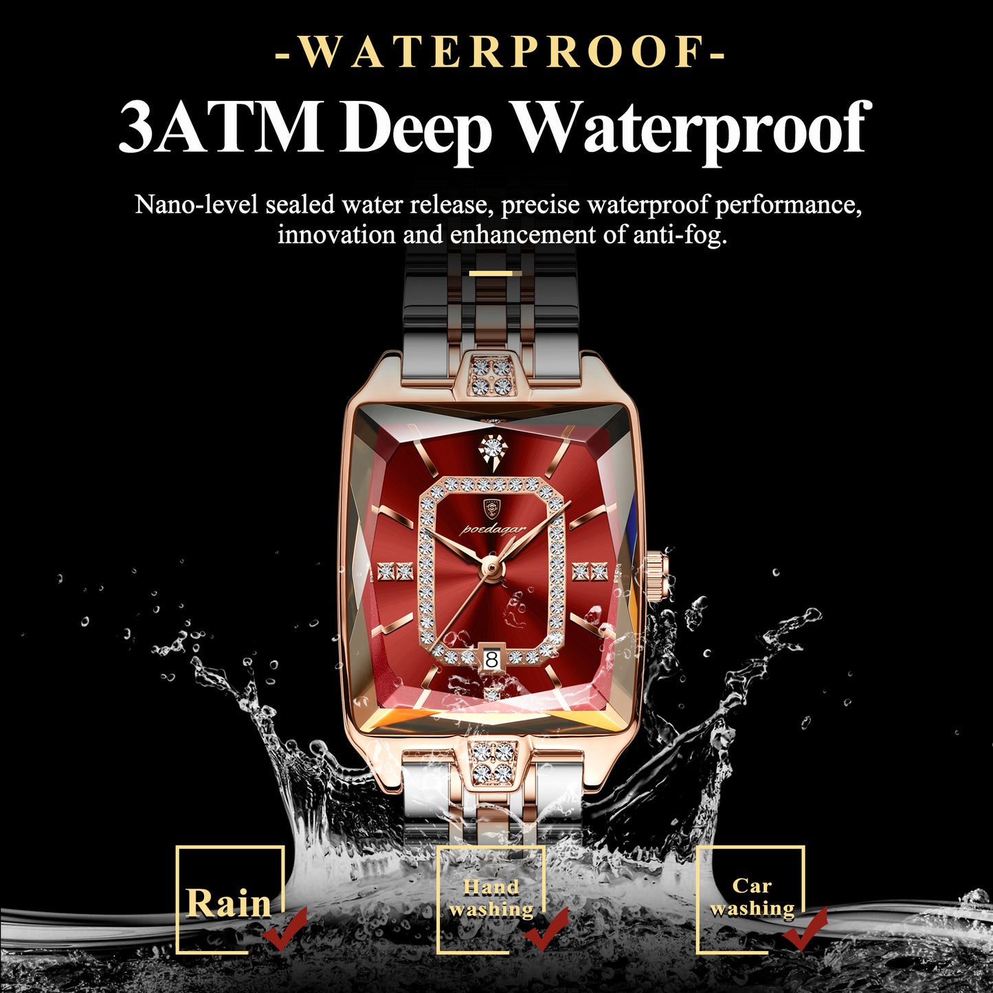 Orologio di lusso per donne POEDAGAR - Elegante calendario impermeabile con visualizzazione della data, orologio quadrato in acciaio inossidabile, cassetta in lega di zinco, cinturino in acciaio inossidabile, stile casual, accessorio elegante | Design ele