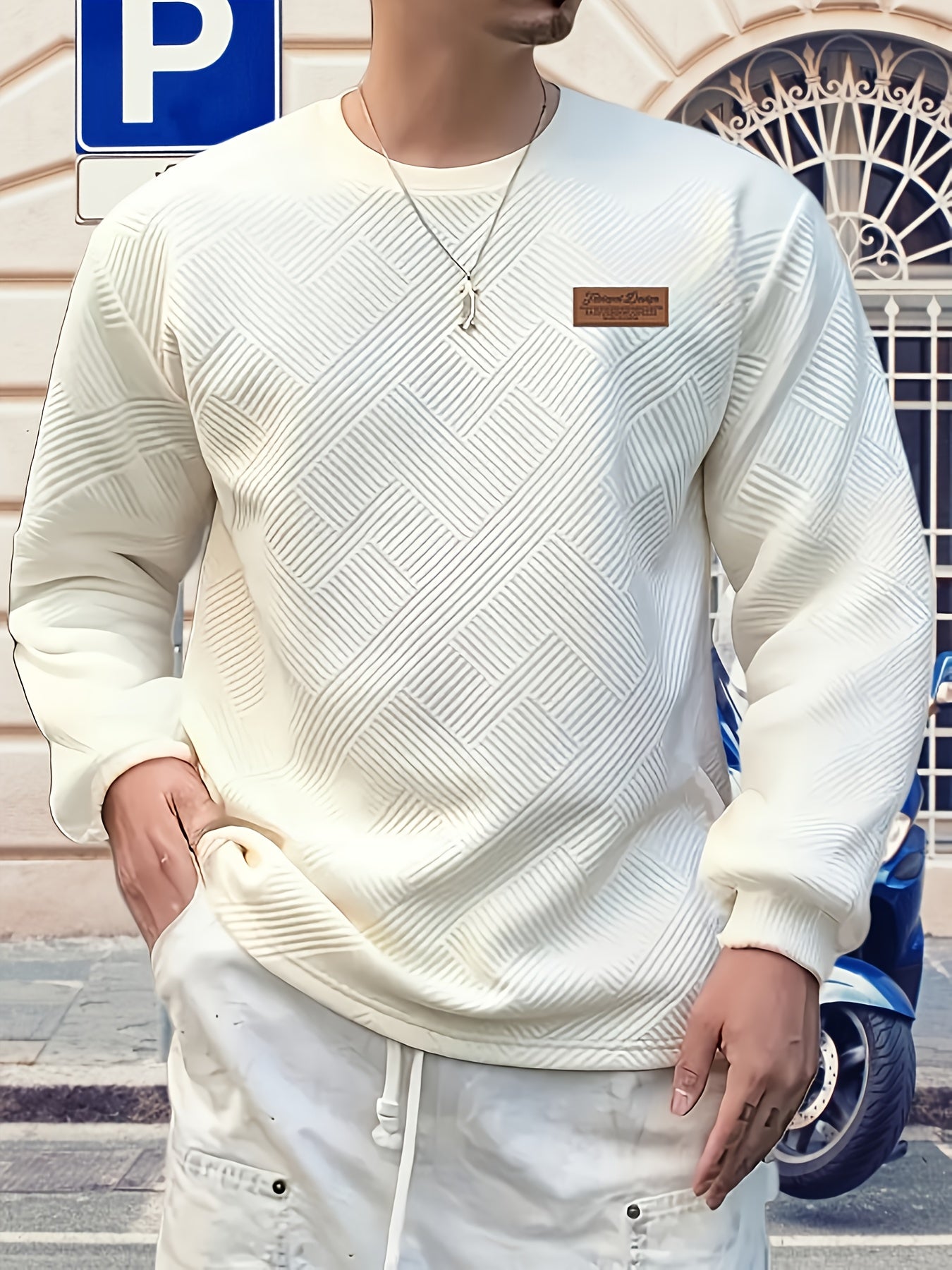 Maglione Uomo a Manica Lunga con Motivo Geometrico - Design Blu Vibrante e Nero, Taglio Regolare per Primavera/Autunno, Tessuto Comodo, Stile Casual, Cuciture di Qualità, Top Modaiolo, Abbigliamento Autunnale, Ideale per Giovani Adulti