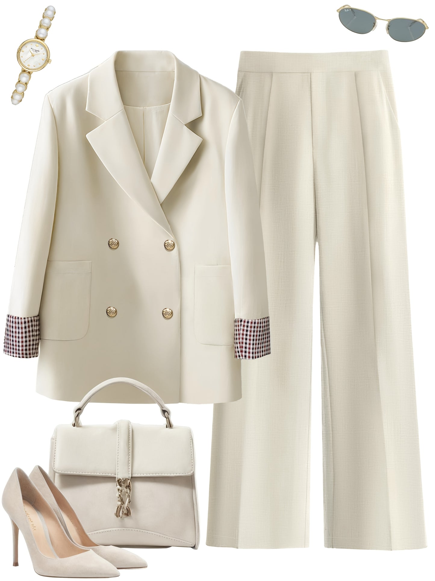 Abbigliamento elegante da ufficio per donne: Elegante giacca beige a due bottoni con colletto a revers, pantaloni lunghi e borsa a mano abbinata - Stile sofisticato e raffinato per il lavoro o le uscite casuali, Abbigliamento casual|Stile sofisticato|Tess