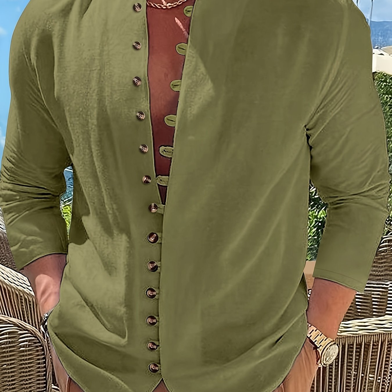 Maglietta Uomo Casual Retro a Maniche Lunghe con Collo Tondo e Bottoni, Regalo per Ramadan