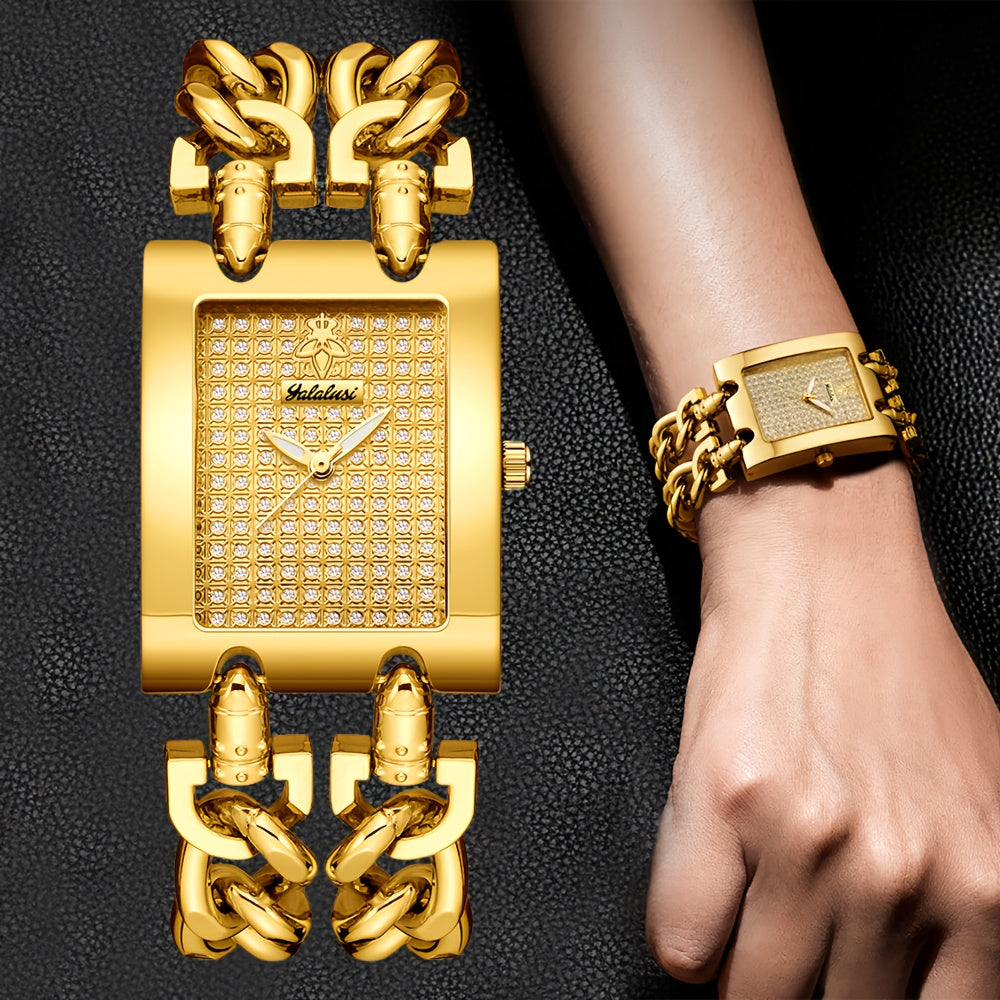 YaLaLuSI Orologio da Donna in Quarzo Dorato Glamour con Quadrante Decorato di Strass, Lancette Luminose e Bracciale a Catena Robusto - Esclusivo Display Analogico per Tutte le Occasioni, Include Scatola Regalo - Il Regalo Perfetto per Famiglia e Amici, Or