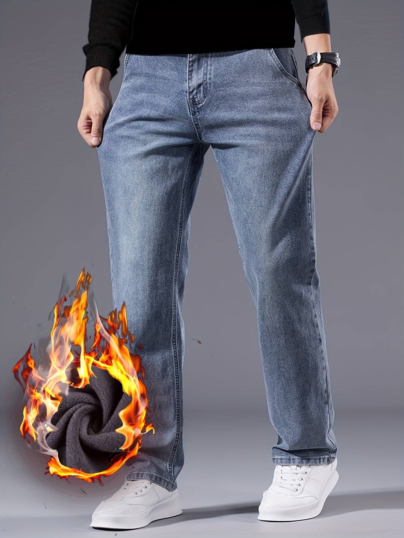 092+1# Nuova Arrivo Invernale Jeans Minimalisti Spessi Foderati in Pile Elasticizzati