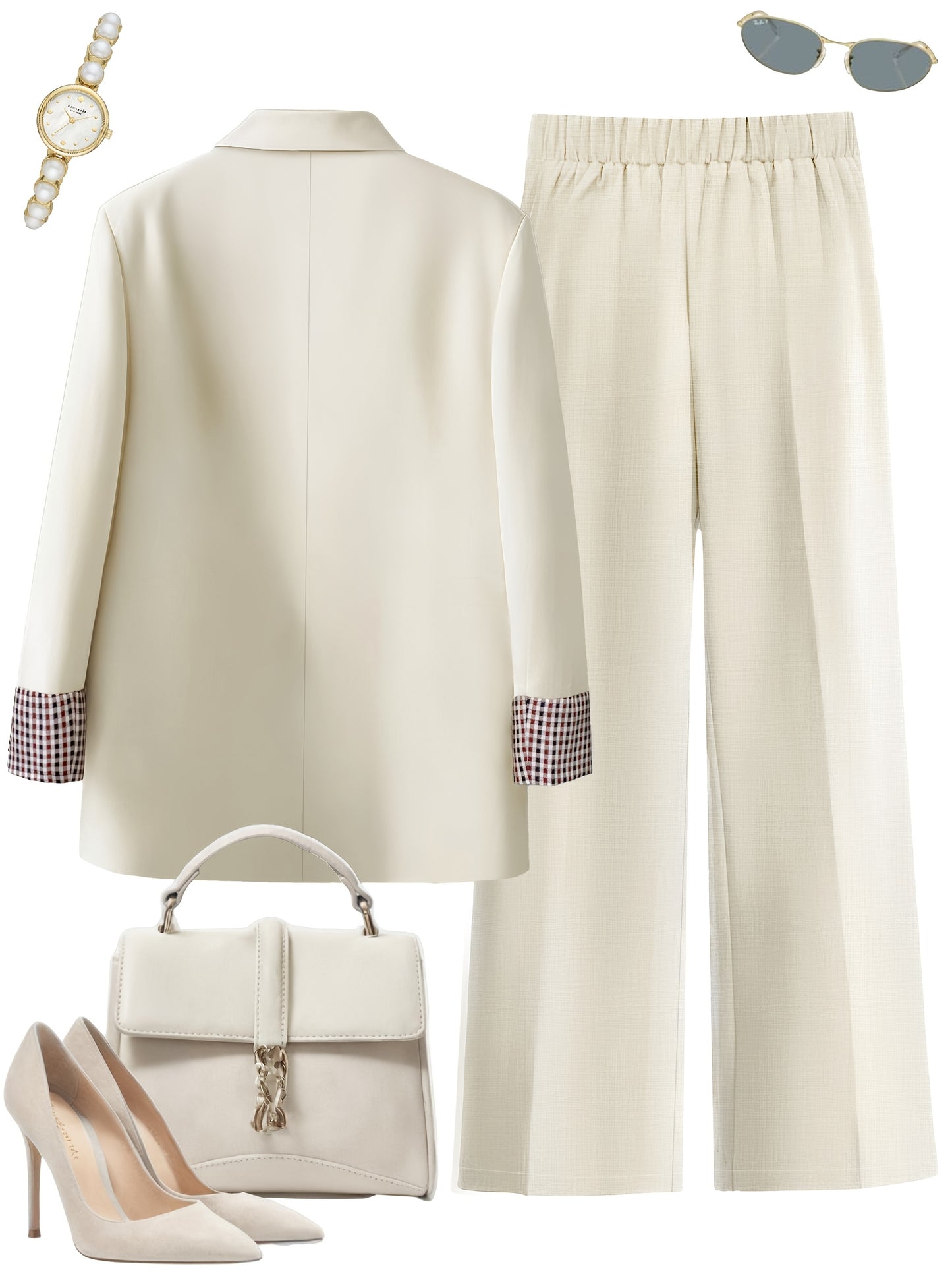 Abbigliamento elegante da ufficio per donne: Elegante giacca beige a due bottoni con colletto a revers, pantaloni lunghi e borsa a mano abbinata - Stile sofisticato e raffinato per il lavoro o le uscite casuali, Abbigliamento casual|Stile sofisticato|Tess