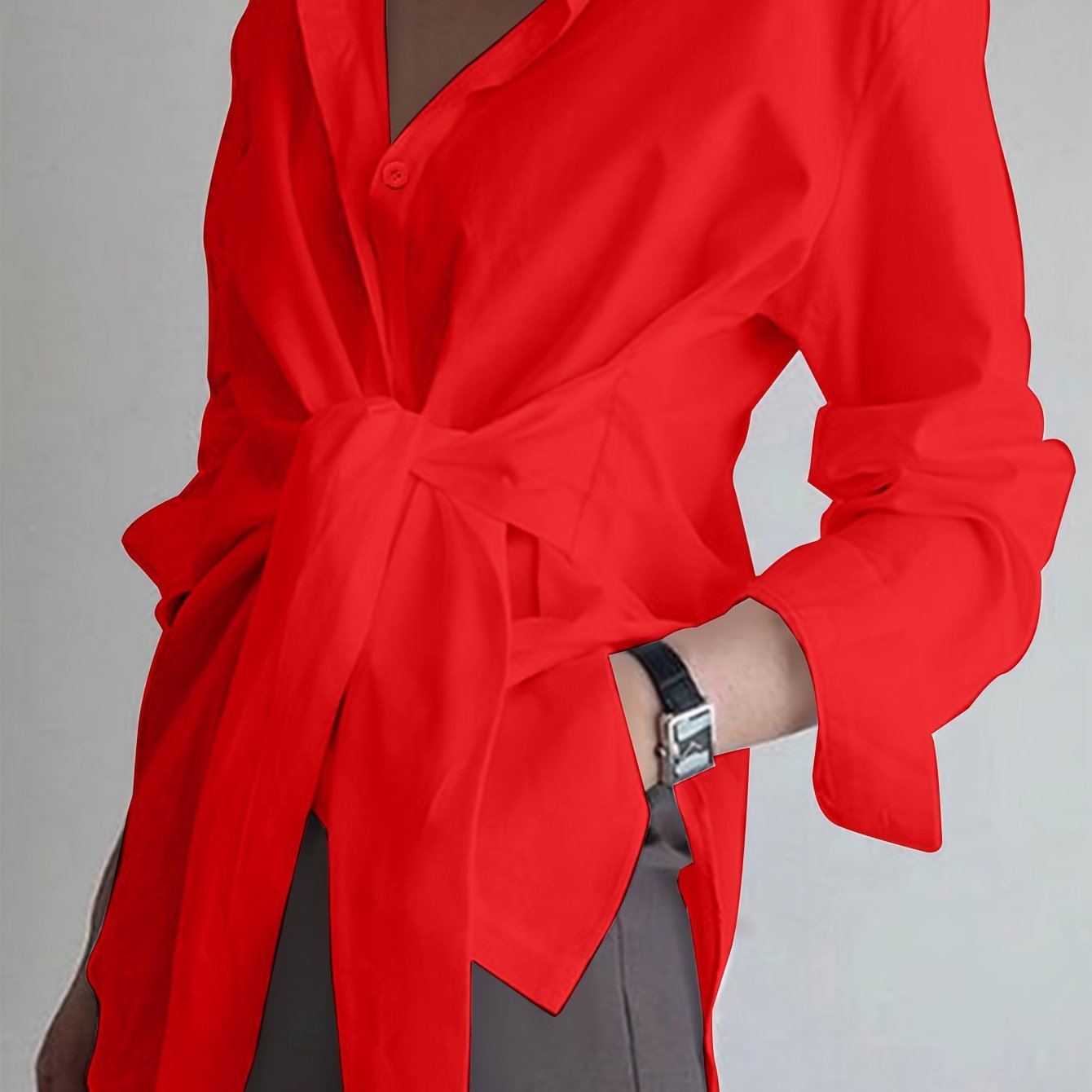Women'S Casual Solid Color Long Sleeve Shirt, 100% Polyester, Lapel Collar, Button Front, All Season Woven Fabric, 117 gsm - Versatile Adult Shirting