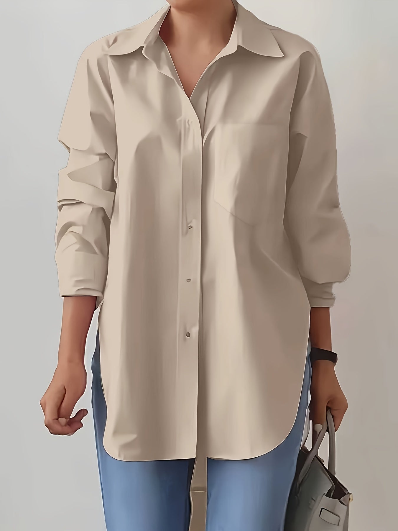 Women'S Elegant Solid Color Button-Up Shirt with Long Sleeves - Red, Casual Style, Perfect for Spring/Summer, Casual Attire|Elegant Buttonup|Long Sleeve Shirt