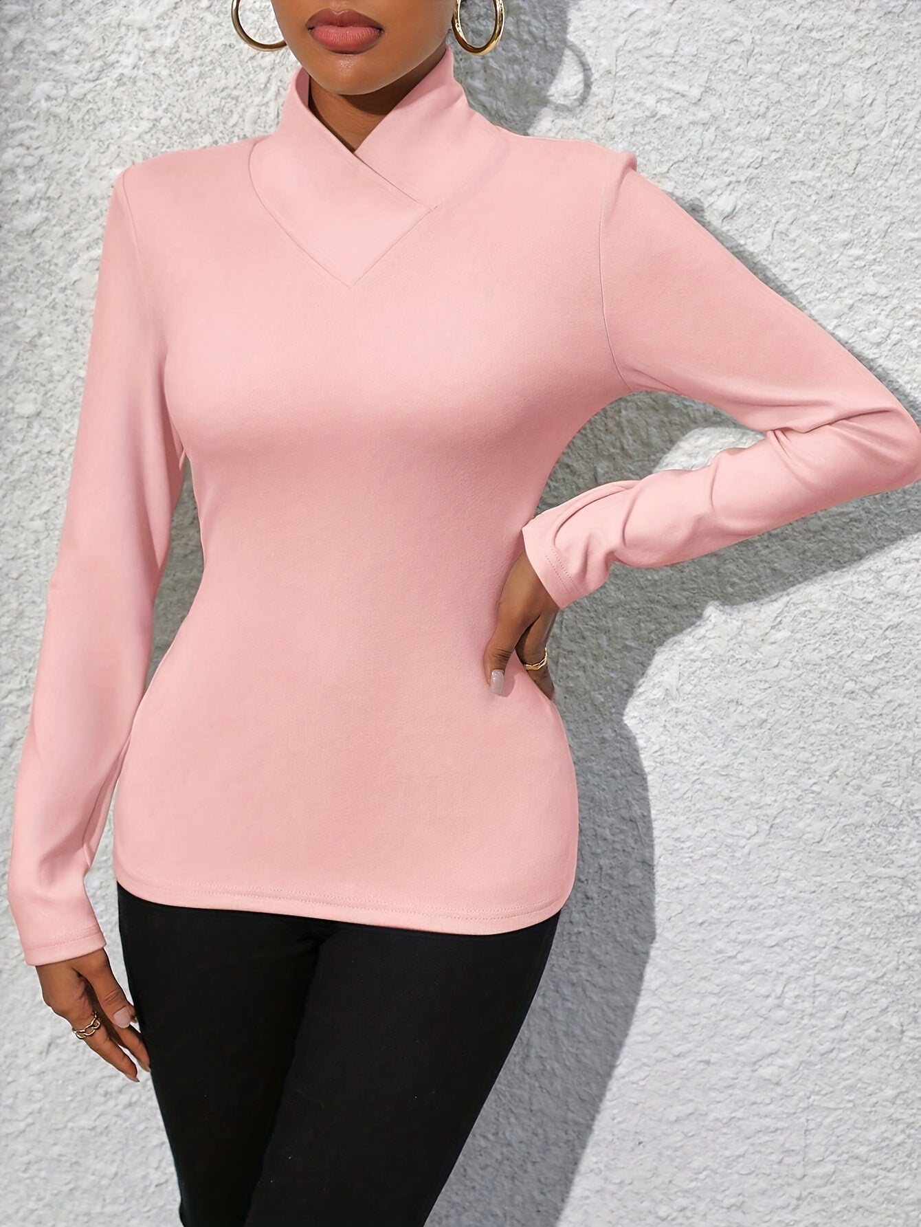 Women'S Elegant Long Sleeve T-Shirt - Soft Pink Solid Color Top, Round Neck Casual Everyday Shirt for Spring Summer Fall, Office, Party