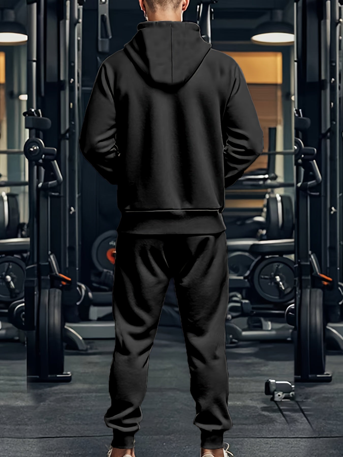 Set di 2 pezzi da uomo con felpa con cappuccio a tinta unita a maniche lunghe + pantaloni, set casual sportivo da fitness coordinato