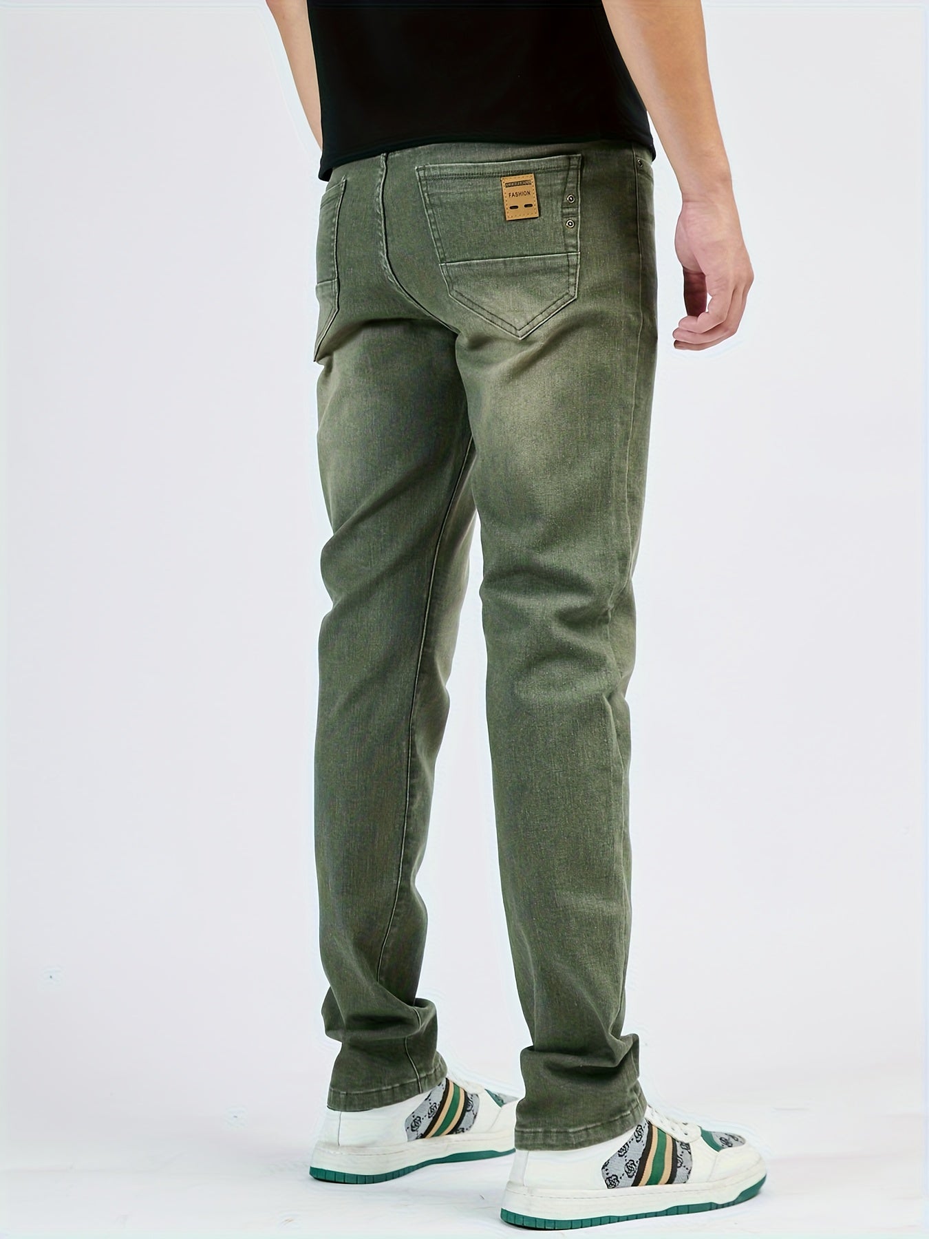 1pezzo Pantaloni casual da uomo slim-fit in denim sintetico, con chiusura a bottoni, comodi per tutte le stagioni, lavaggio leggero, kaki, versatili per abbigliamento casual, abbigliamento confortevole | Slim Fit Faux Denim | Tessuto resistente