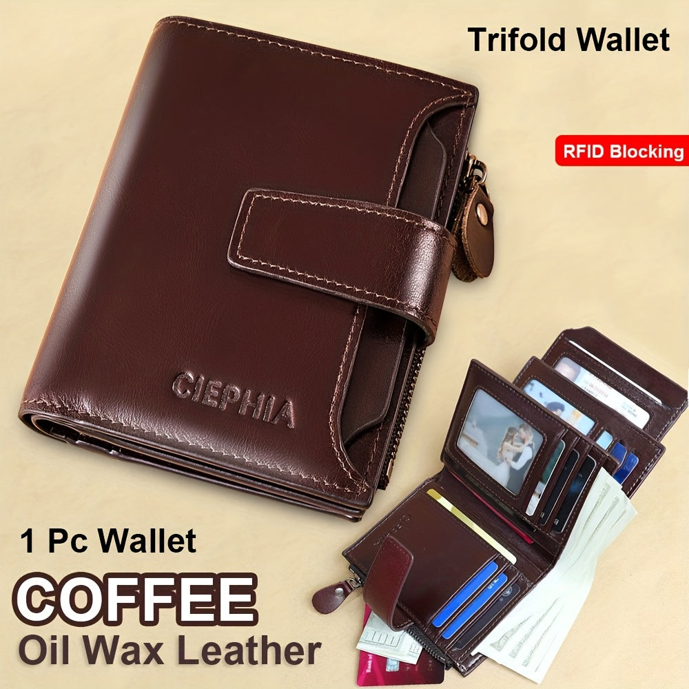1pz Portafoglio Uomo CIEPHIA in Vera Pelle - Blocco RFID Antifurto, Marrone Scuro (Dark Tan), con Chiusura a Zip, 17 Tasche per Carte, Scomparto Monete e Finestra ID – Multi-Compartimenti Resistente ed Elegante Ideale come Regalo di San Valentino, Festa d
